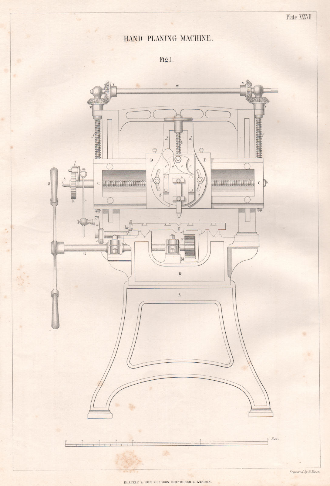 VICTORIAN ENGINEERING DRAWING. Hand planing machine. Fig 1 1847 old print